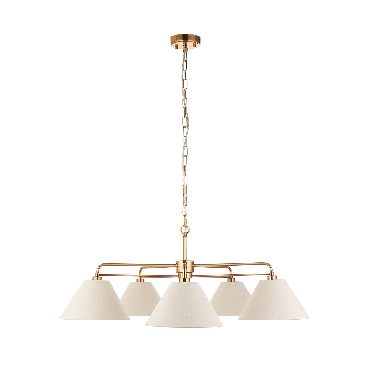 Wallbridge Five Arm Pendant in Brushed Aged Brass with Natural Linen Shades
