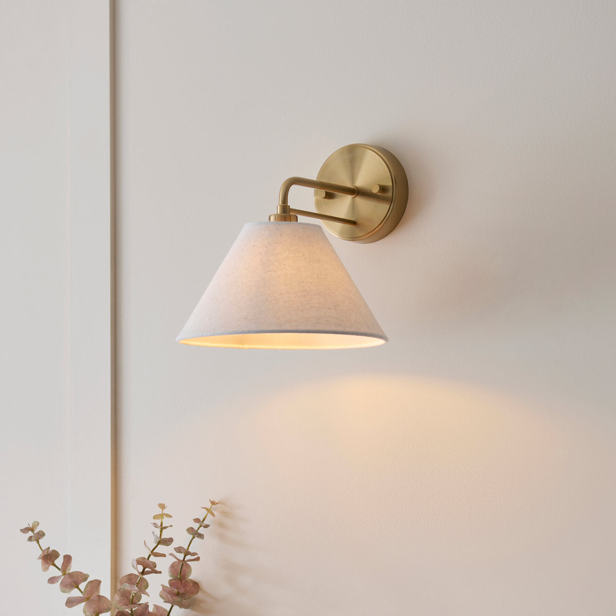 Wallbridge Wall Light in Brushed Aged Brass with Natural Linen Shade