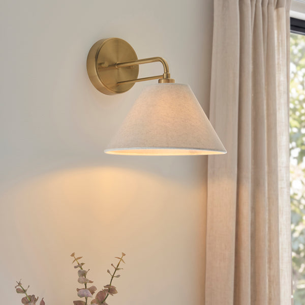 Wallbridge Wall Light in Brushed Aged Brass with Natural Linen Shade