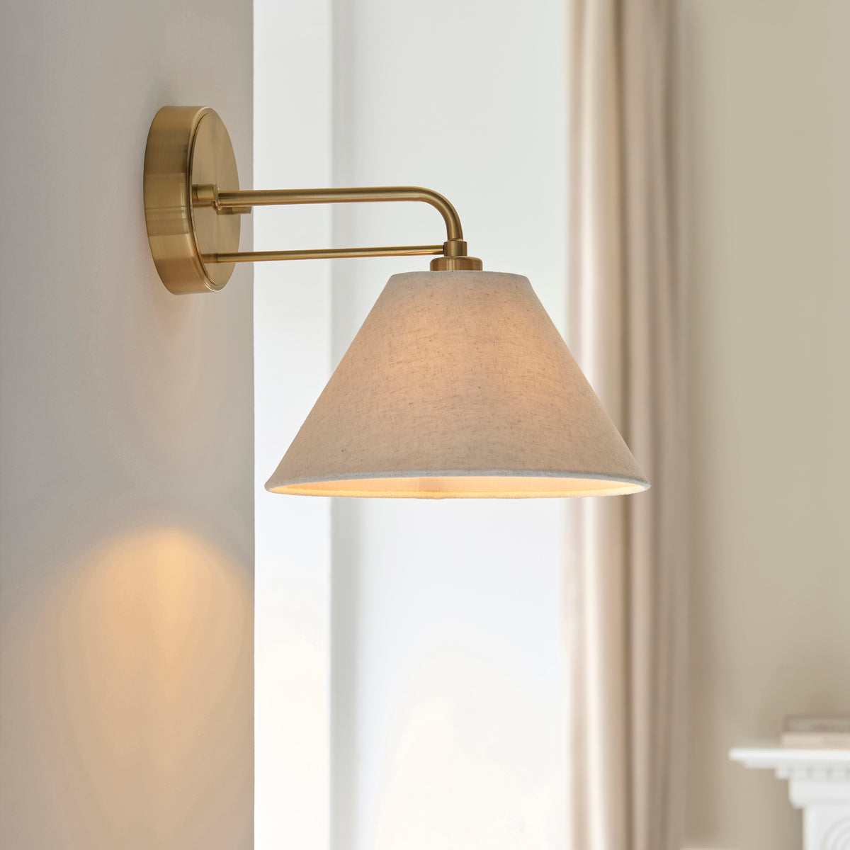 Wallbridge Wall Light in Brushed Aged Brass with Natural Linen Shade