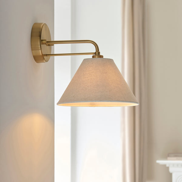 Wallbridge Wall Light in Brushed Aged Brass with Natural Linen Shade