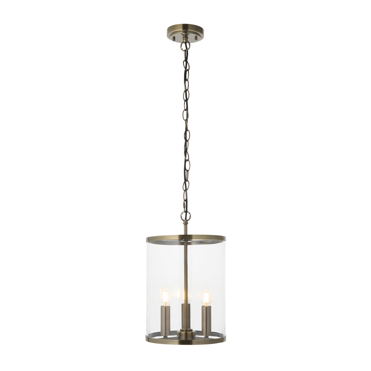 Hebden Three Lamp Pendant in Antique Brass with Clear Glass