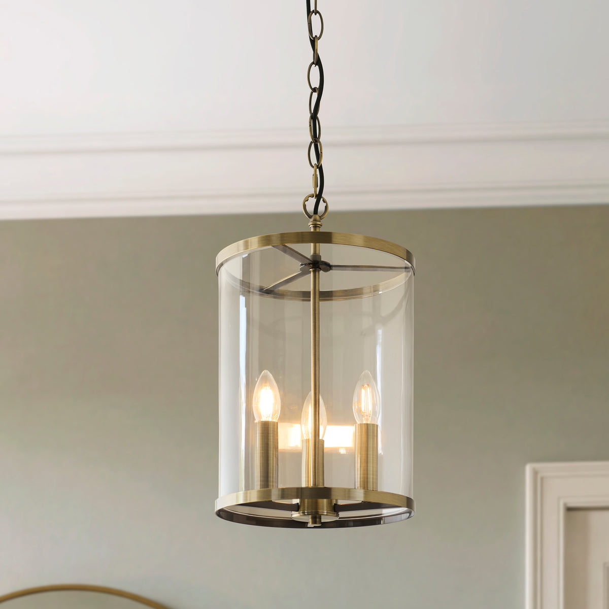Hebden Three Lamp Pendant in Antique Brass with Clear Glass