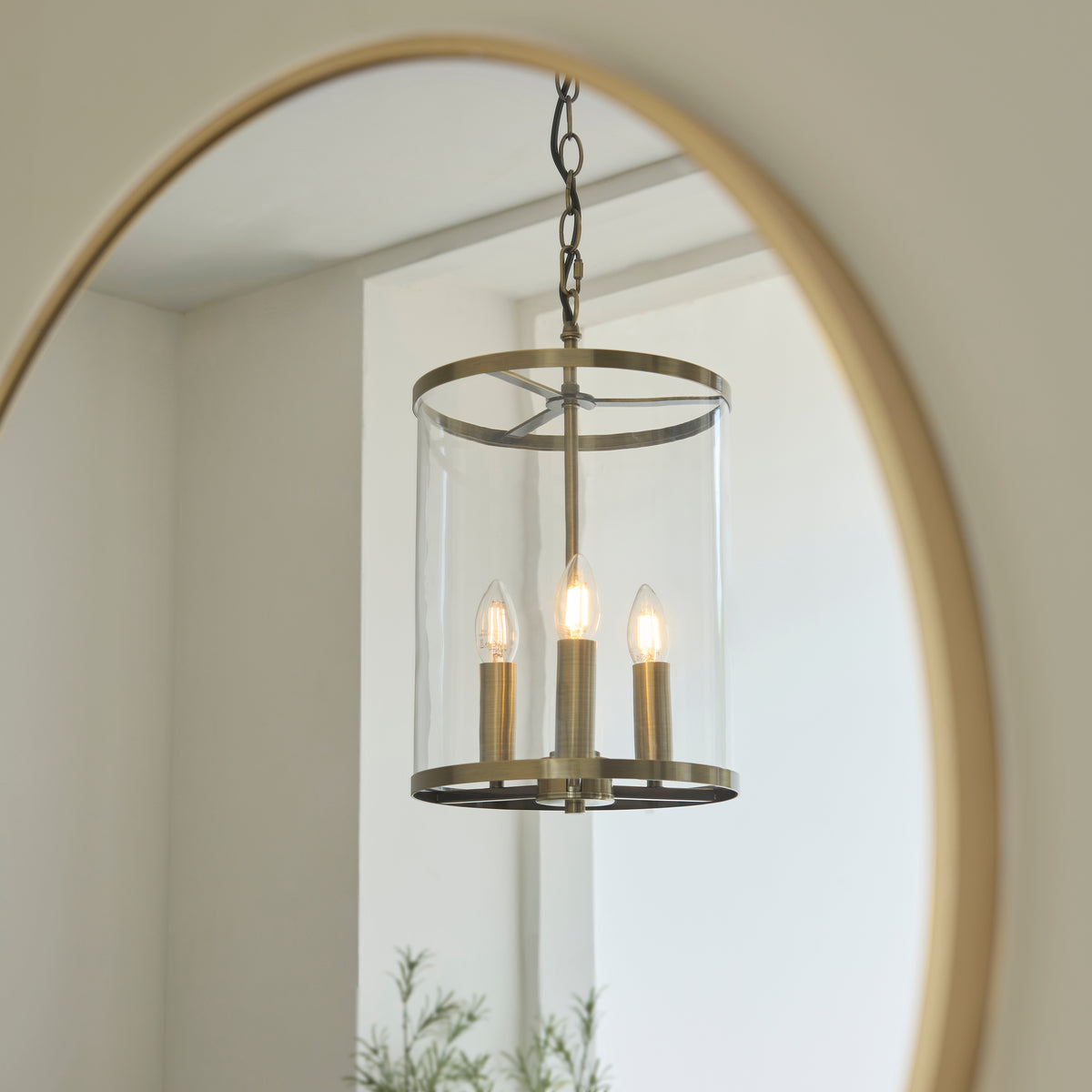 Hebden Three Lamp Pendant in Antique Brass with Clear Glass