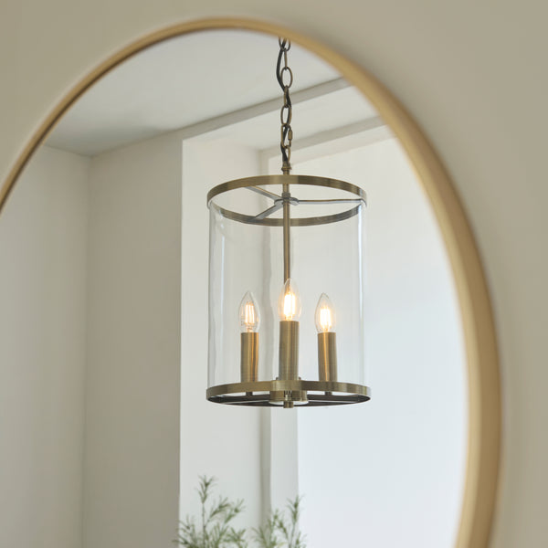 Hebden Three Lamp Pendant in Antique Brass with Clear Glass
