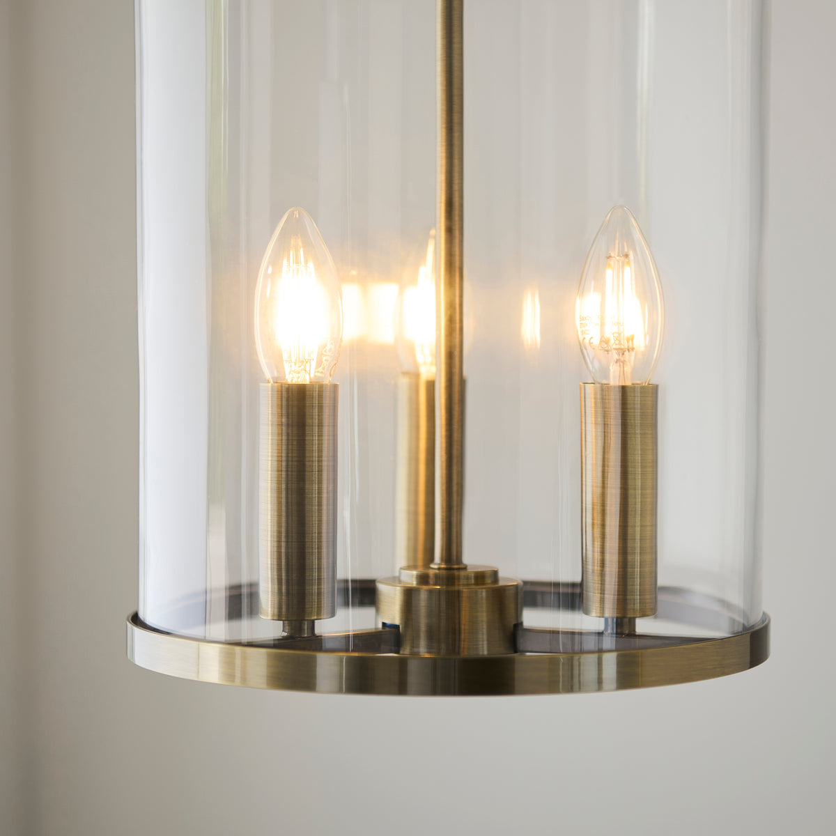 Hebden Three Lamp Pendant in Antique Brass with Clear Glass