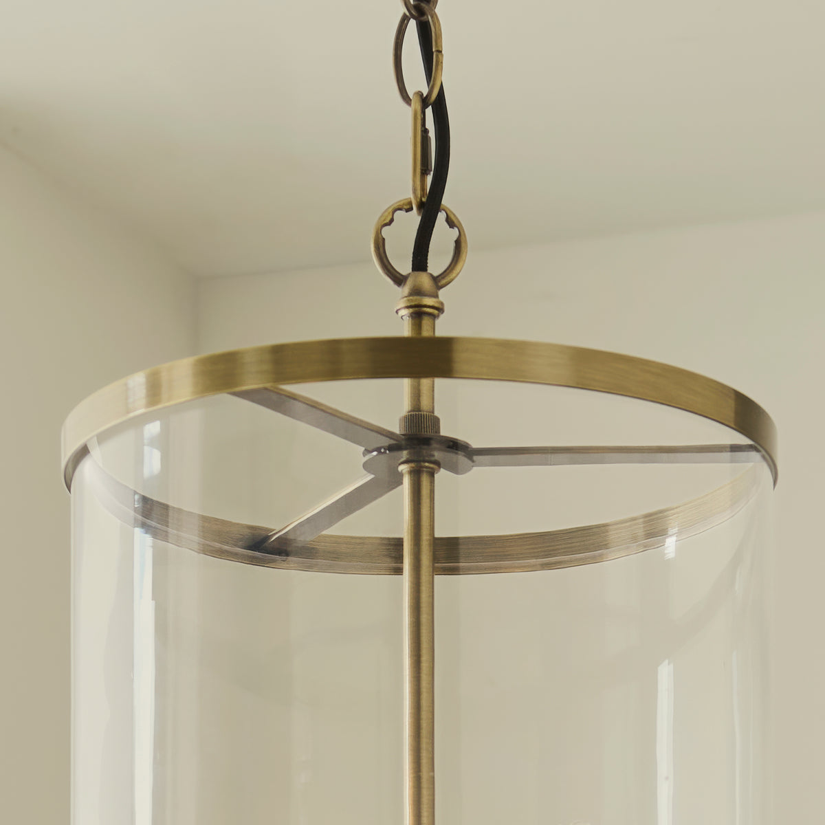 Hebden Three Lamp Pendant in Antique Brass with Clear Glass