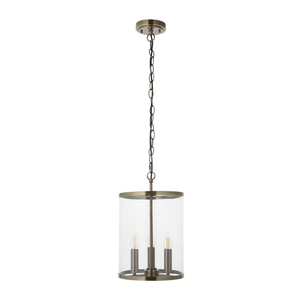 Hebden Three Lamp Pendant in Antique Brass with Clear Glass