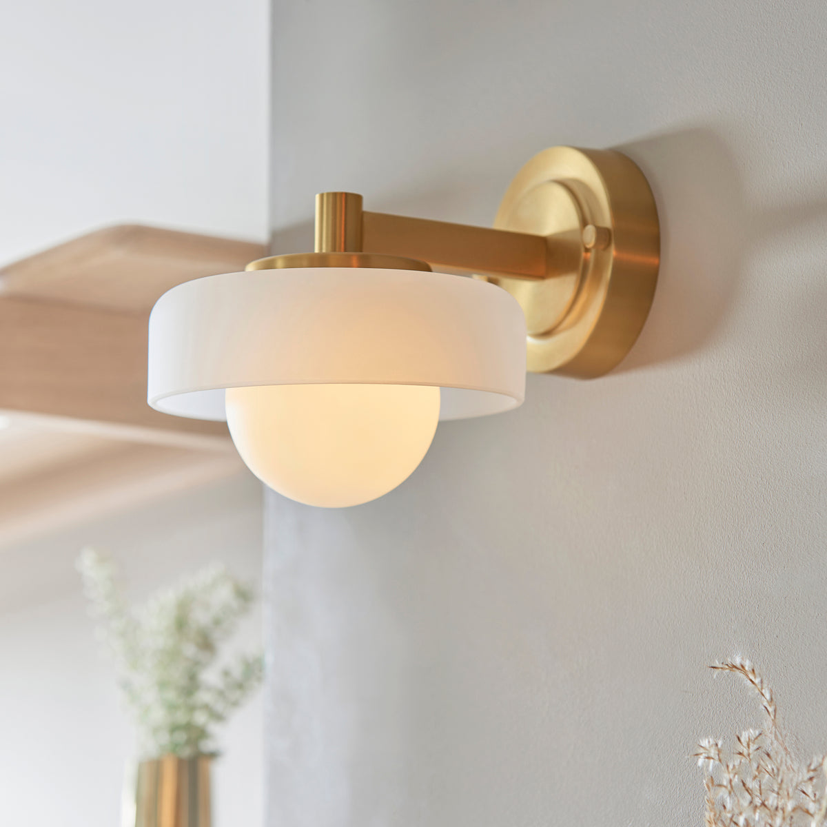 Boss Wall Light in Brushed Aged Brass with Matt Opal Sphere Glass Shade