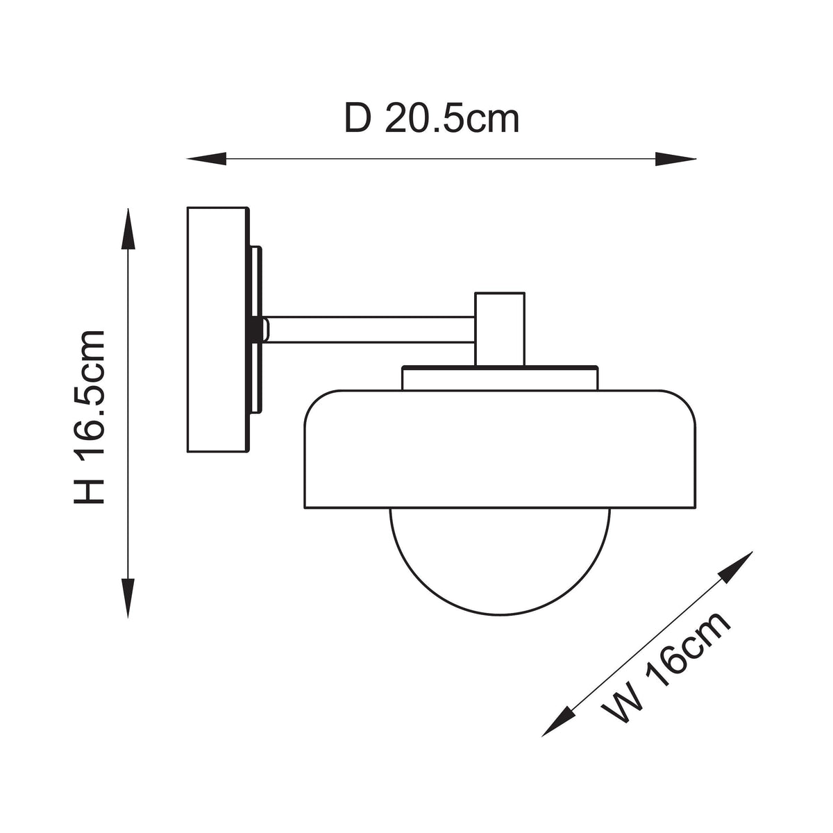 Dimensional line drawing of Endon Lighting Boss wall light with height width and depth measurements