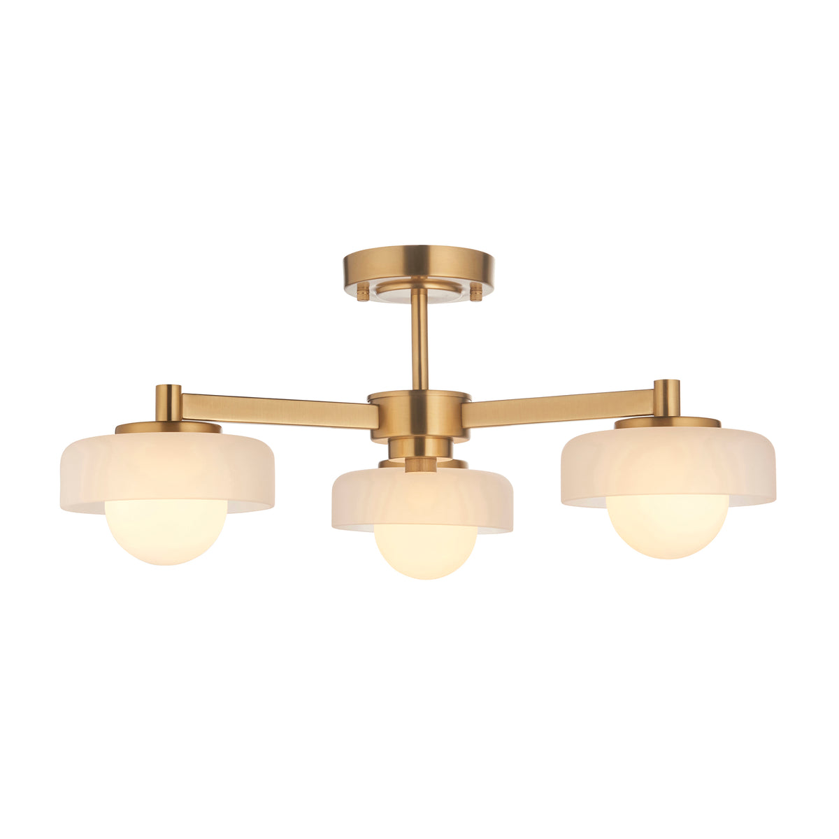 Boss Semi Flush Ceiling Light in Brushed Aged Brass with Matt Opal Glass Shades