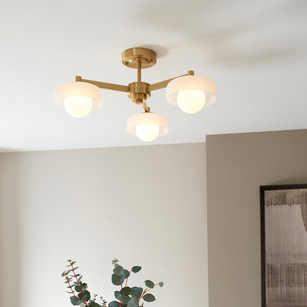 Boss Semi Flush Ceiling Light in Brushed Aged Brass with Matt Opal Glass Shades