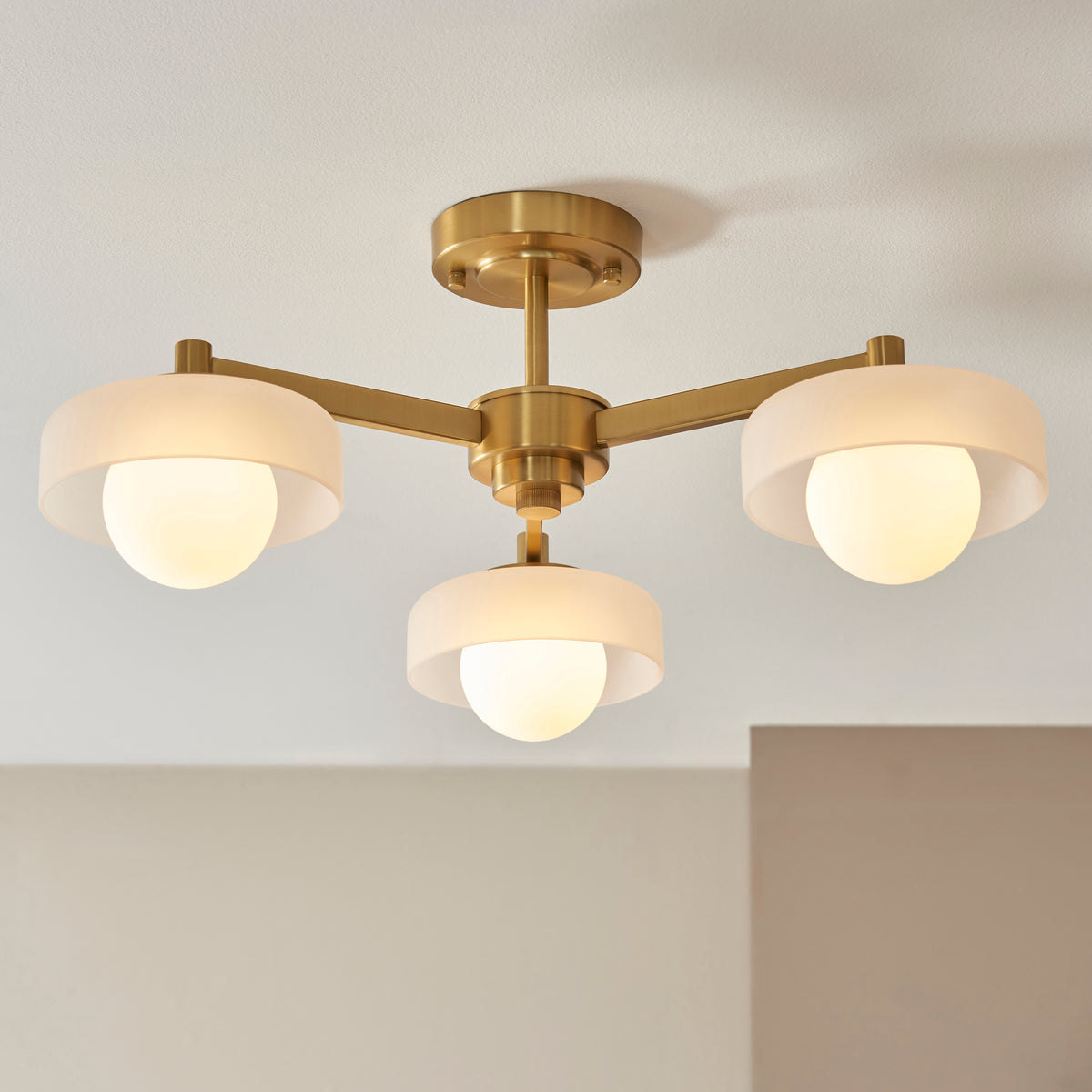 Boss Semi Flush Ceiling Light in Brushed Aged Brass with Matt Opal Glass Shades