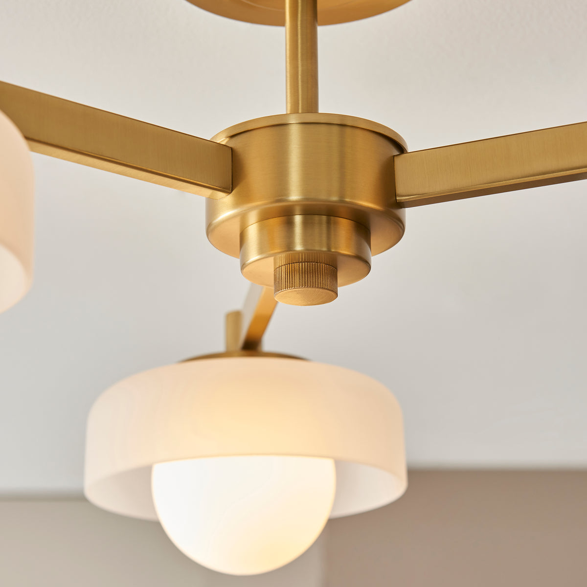Boss Semi Flush Ceiling Light in Brushed Aged Brass with Matt Opal Glass Shades