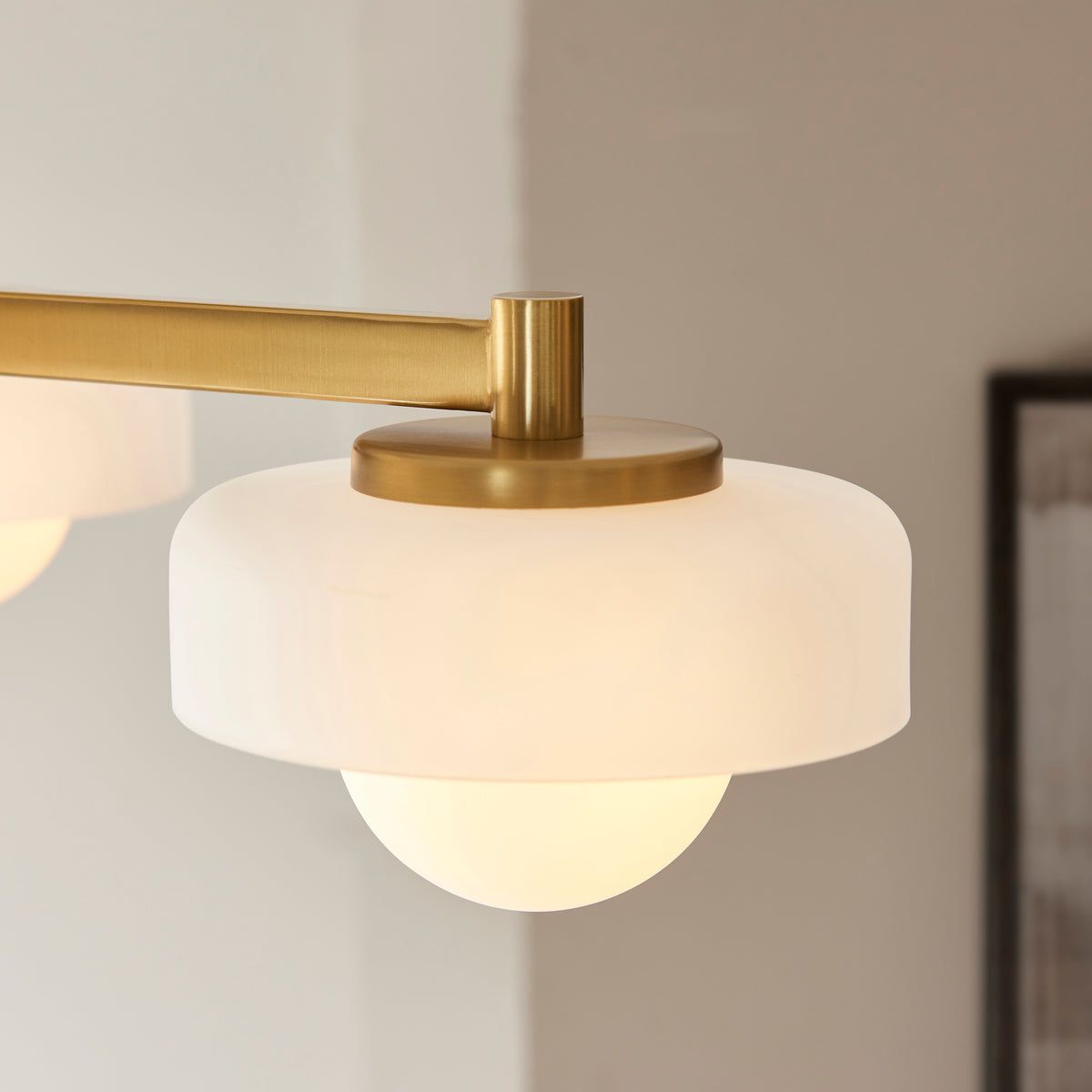 Boss Semi Flush Ceiling Light in Brushed Aged Brass with Matt Opal Glass Shades