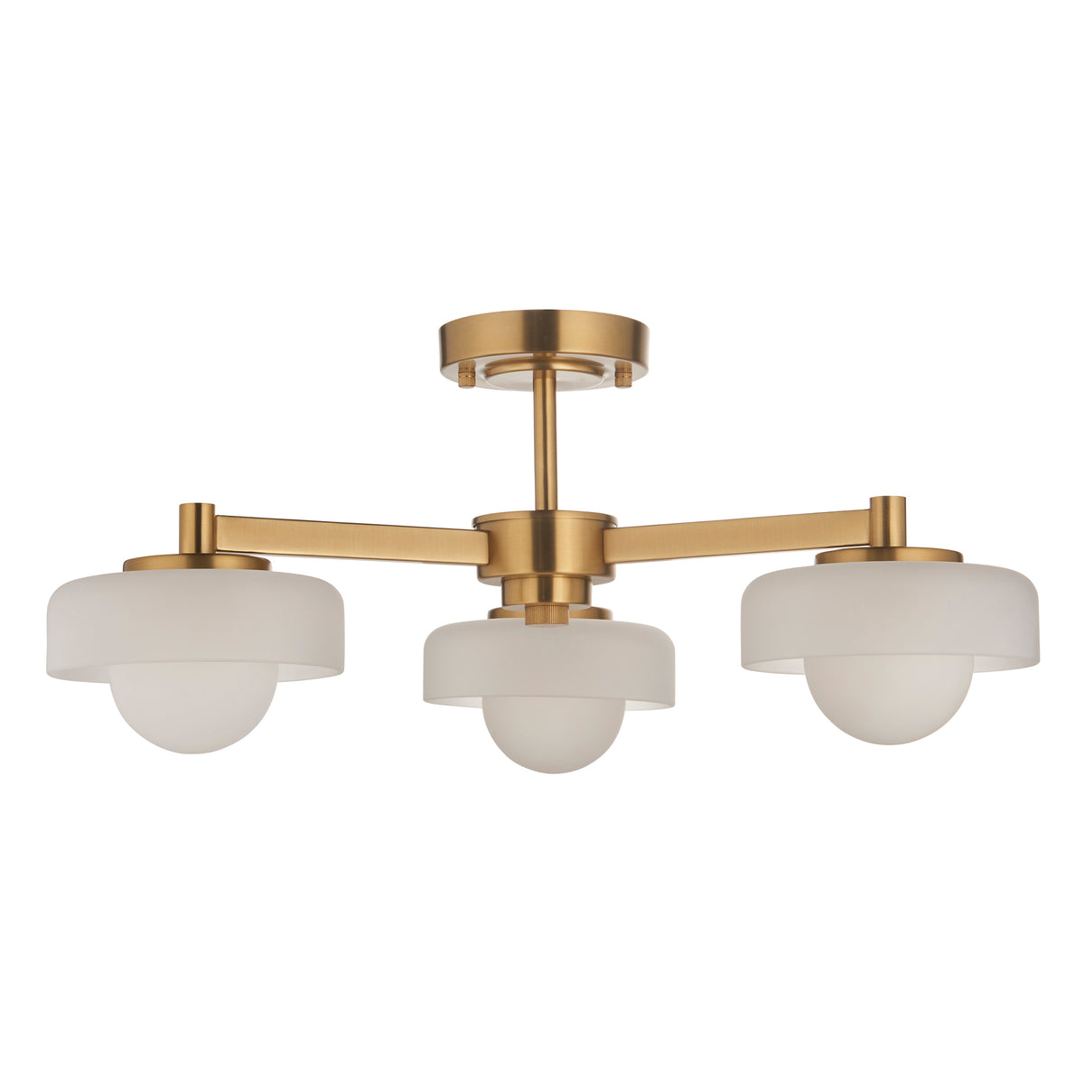 Boss Semi Flush Ceiling Light in Brushed Aged Brass with Matt Opal Glass Shades