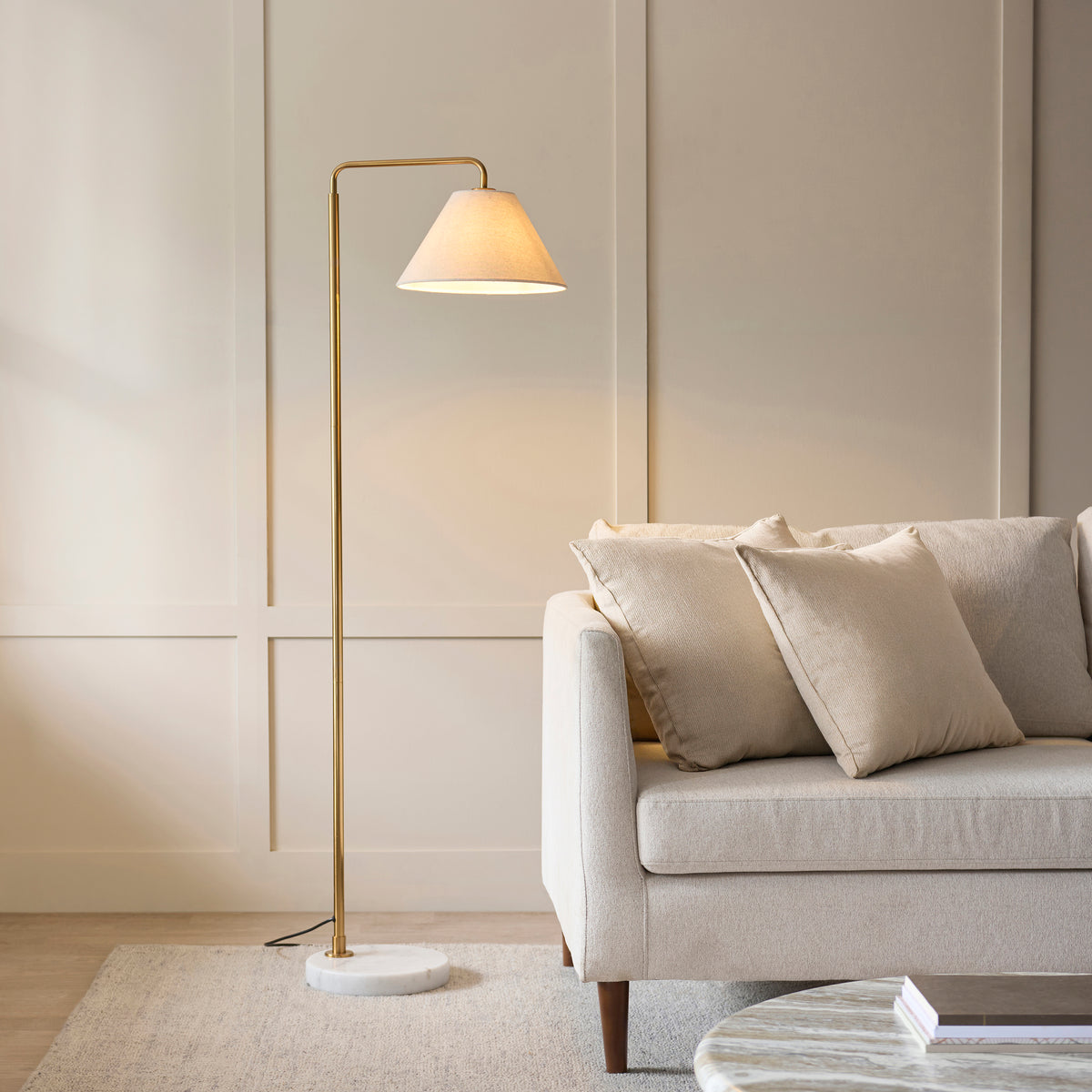 Wallbridge Floor Lamp in Brushed Aged Brass with Natural Linen Shade