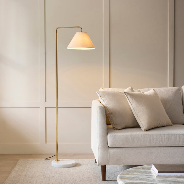 Wallbridge Floor Lamp in Brushed Aged Brass with Natural Linen Shade