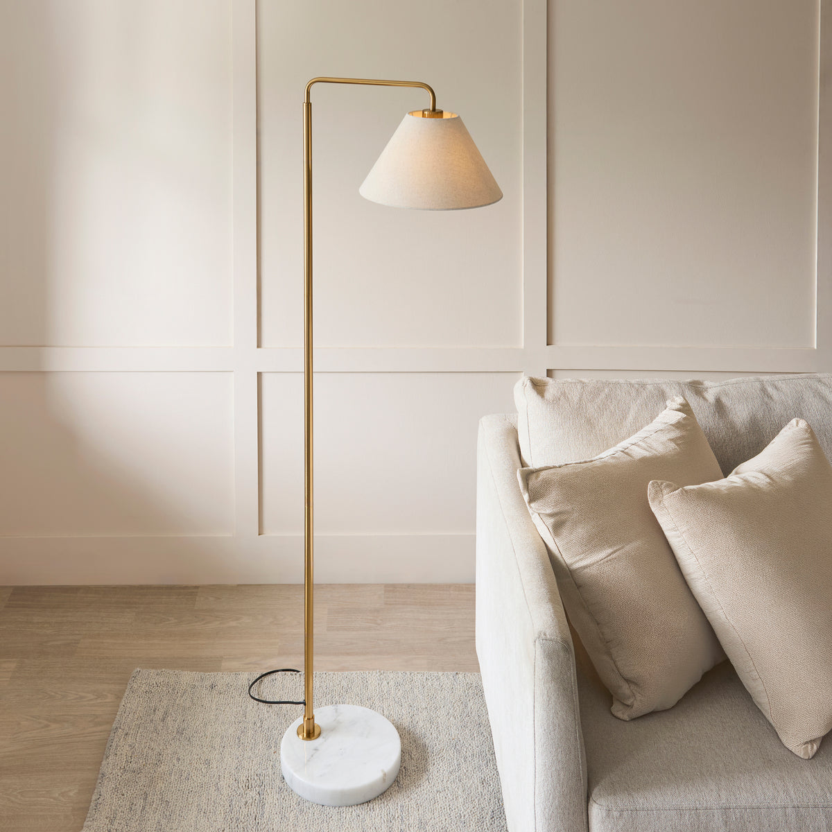Wallbridge Floor Lamp in Brushed Aged Brass with Natural Linen Shade