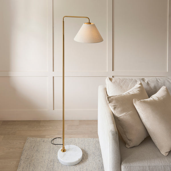 Wallbridge Floor Lamp in Brushed Aged Brass with Natural Linen Shade