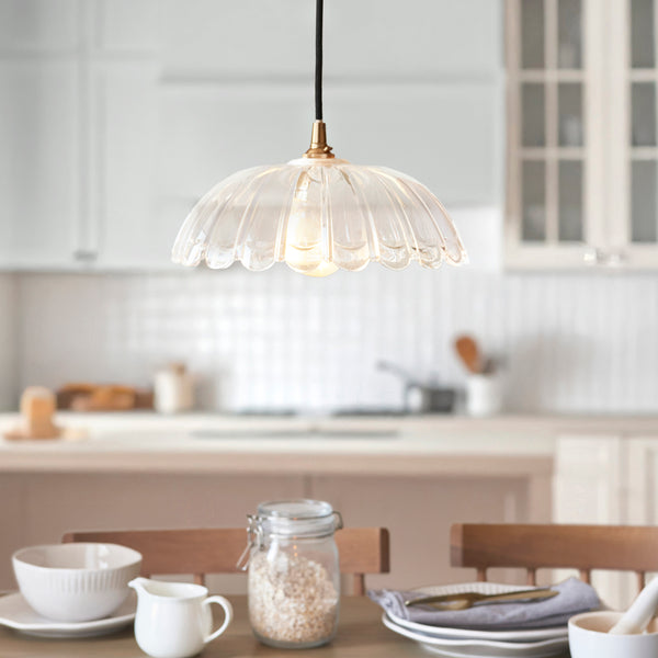 Carnation & Eltham Pendant with Black Fabric Flex and Brushed Aged Brass Metalwork