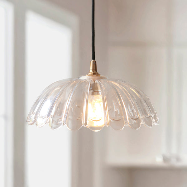 Carnation & Eltham Pendant with Black Fabric Flex and Brushed Aged Brass Metalwork