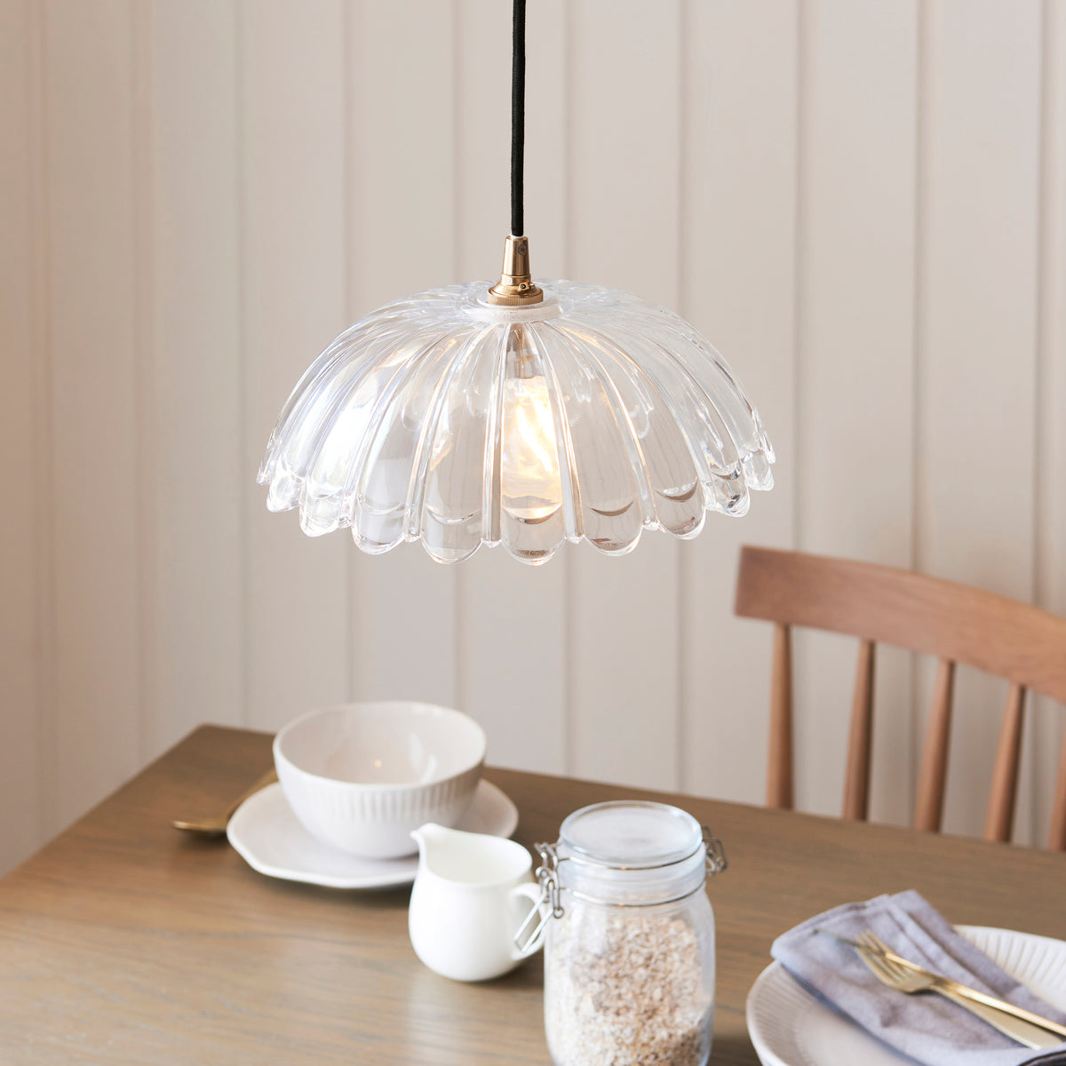 Carnation & Eltham Pendant with Black Fabric Flex and Brushed Aged Brass Metalwork