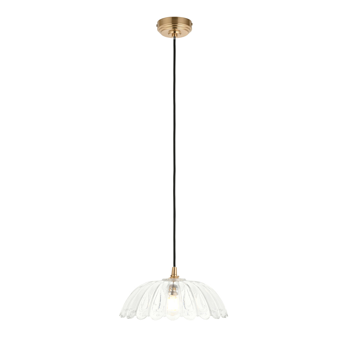 Carnation & Eltham Pendant with Black Fabric Flex and Brushed Aged Brass Metalwork