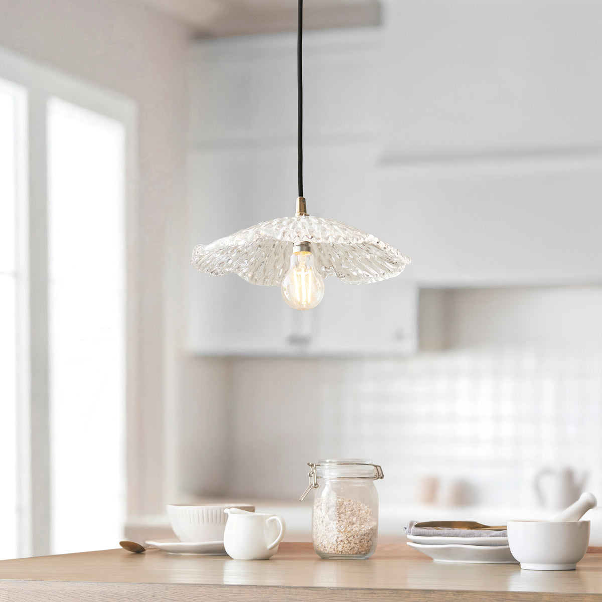 Orchid & Eltham Pendant with Black Fabric Flex and Brushed Aged Brass Metalwork