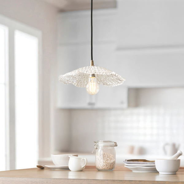 Orchid & Eltham Pendant with Black Fabric Flex and Brushed Aged Brass Metalwork