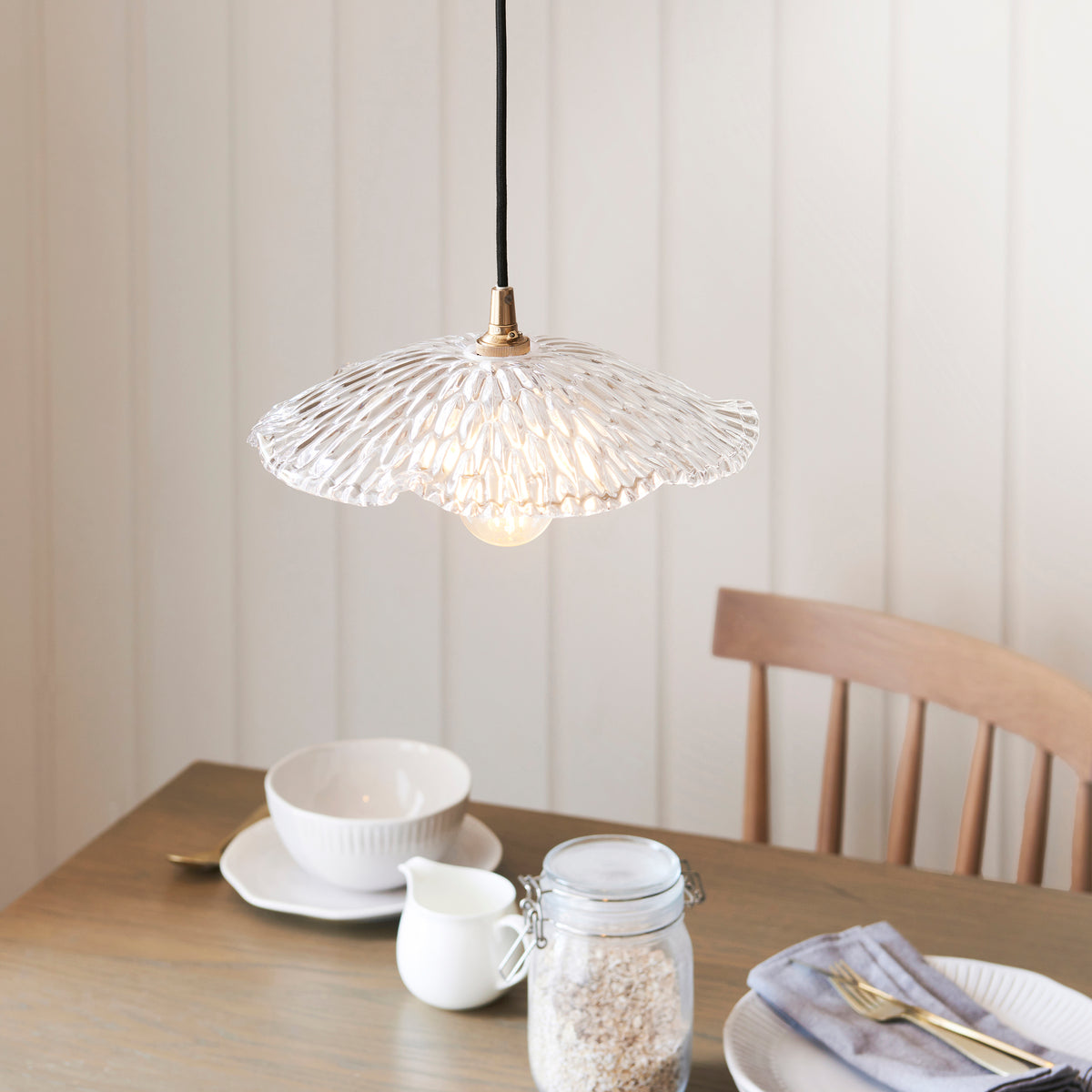 Orchid & Eltham Pendant with Black Fabric Flex and Brushed Aged Brass Metalwork