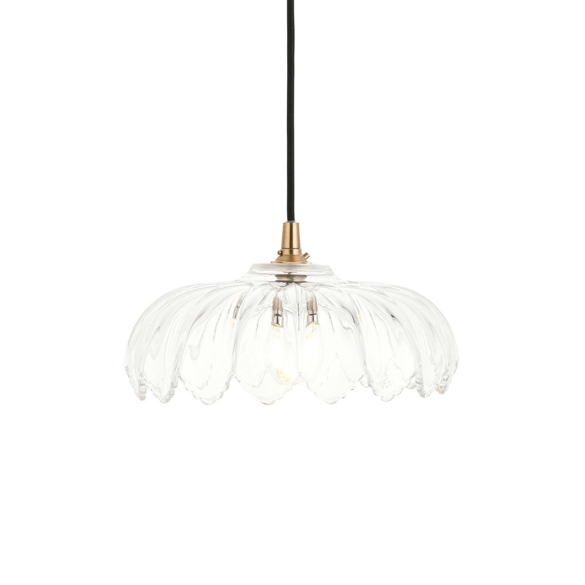 Camellia & Eltham Pendant with Black Fabric Flex and Brushed Aged Brass Metalwork