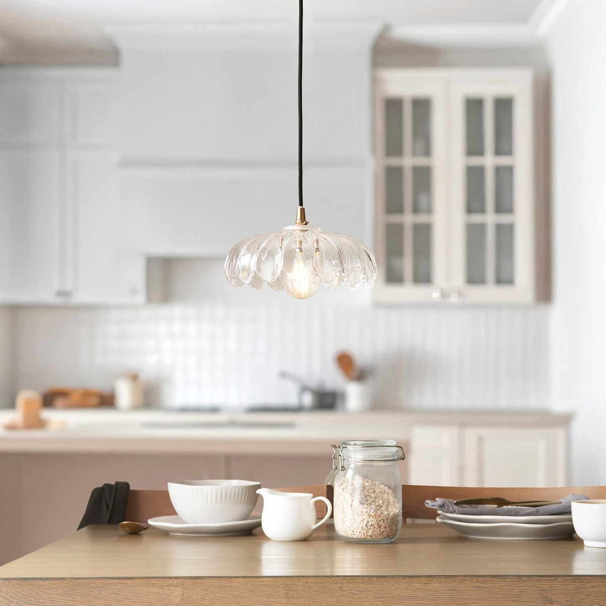 Camellia & Eltham Pendant with Black Fabric Flex and Brushed Aged Brass Metalwork