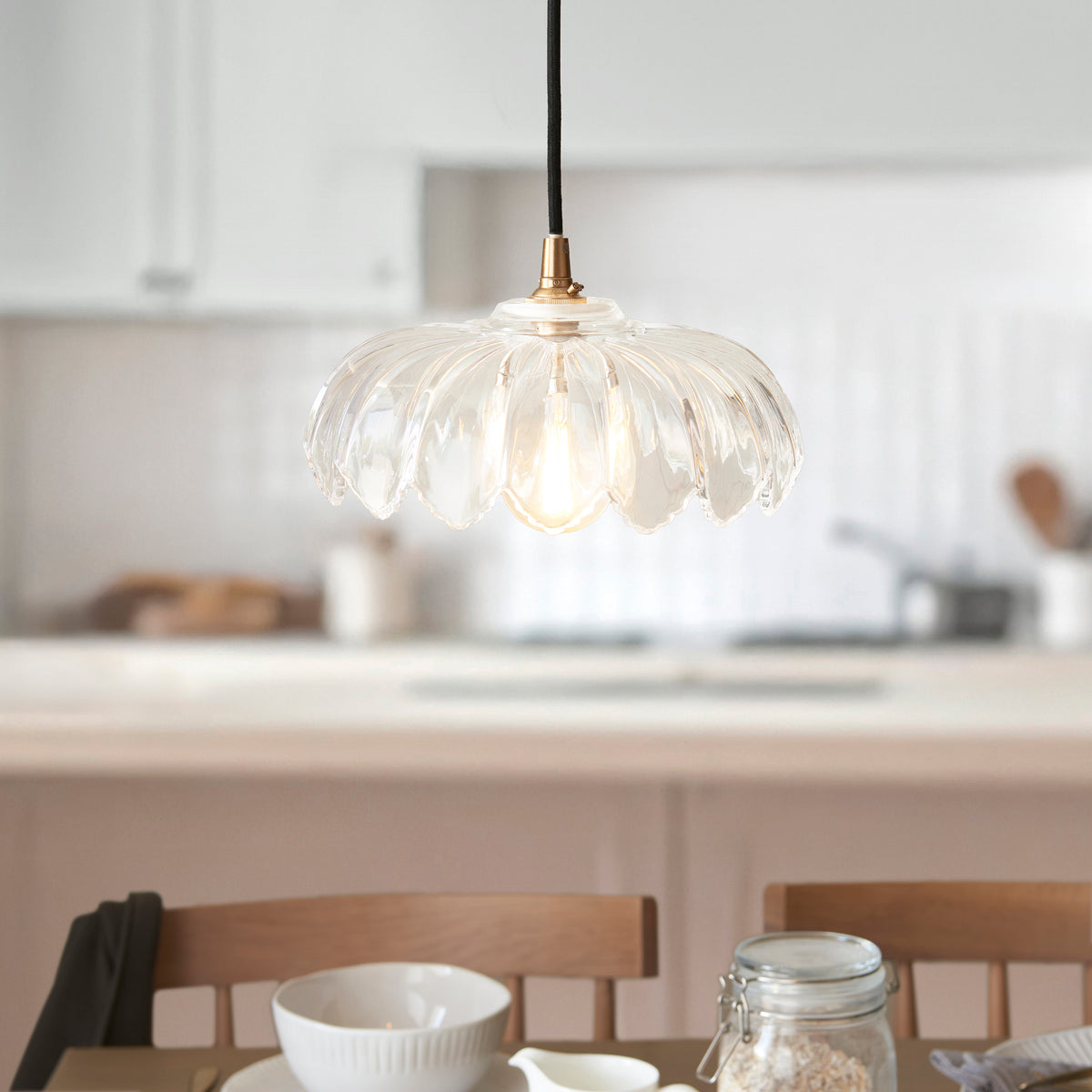 Camellia & Eltham Pendant with Black Fabric Flex and Brushed Aged Brass Metalwork