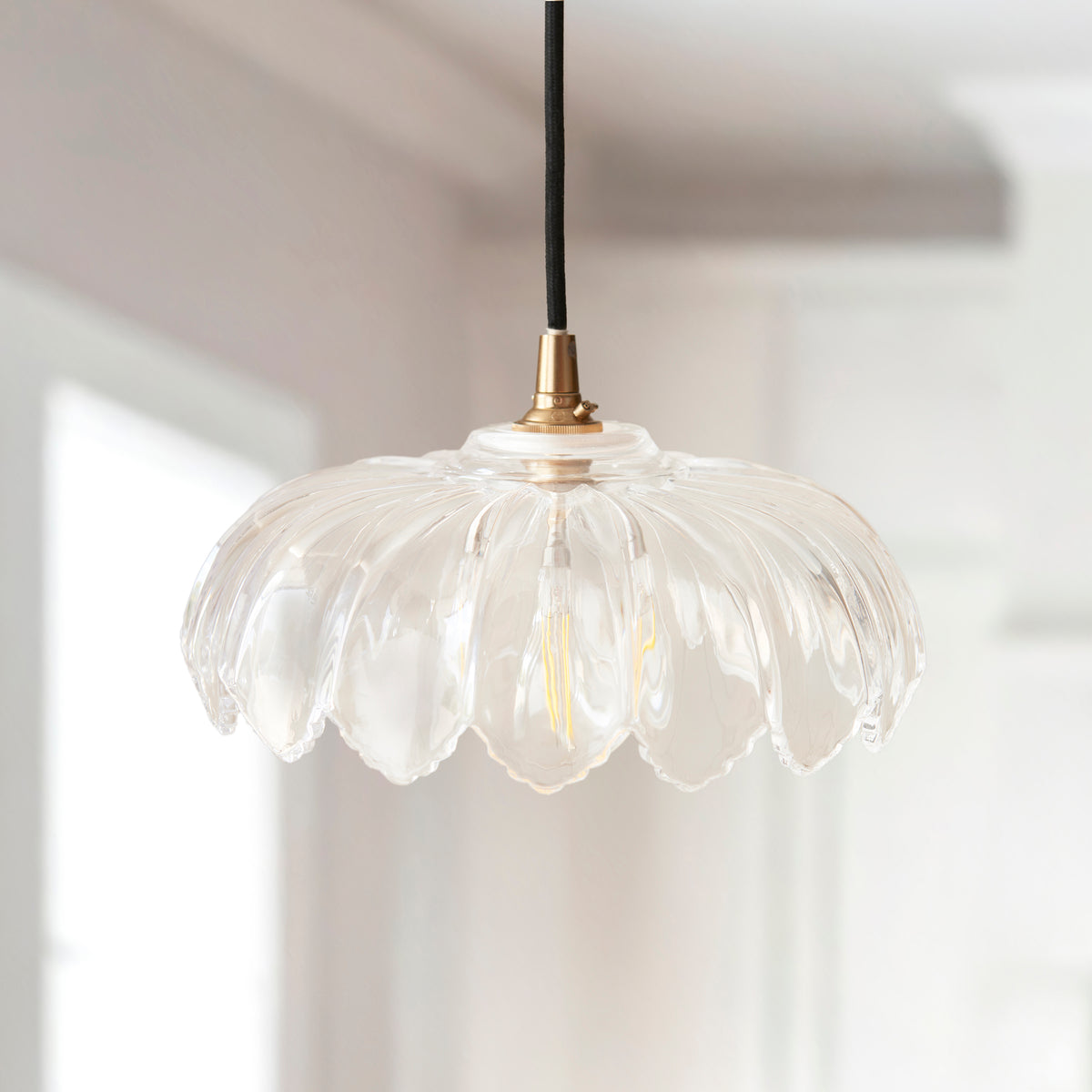 Camellia & Eltham Pendant with Black Fabric Flex and Brushed Aged Brass Metalwork