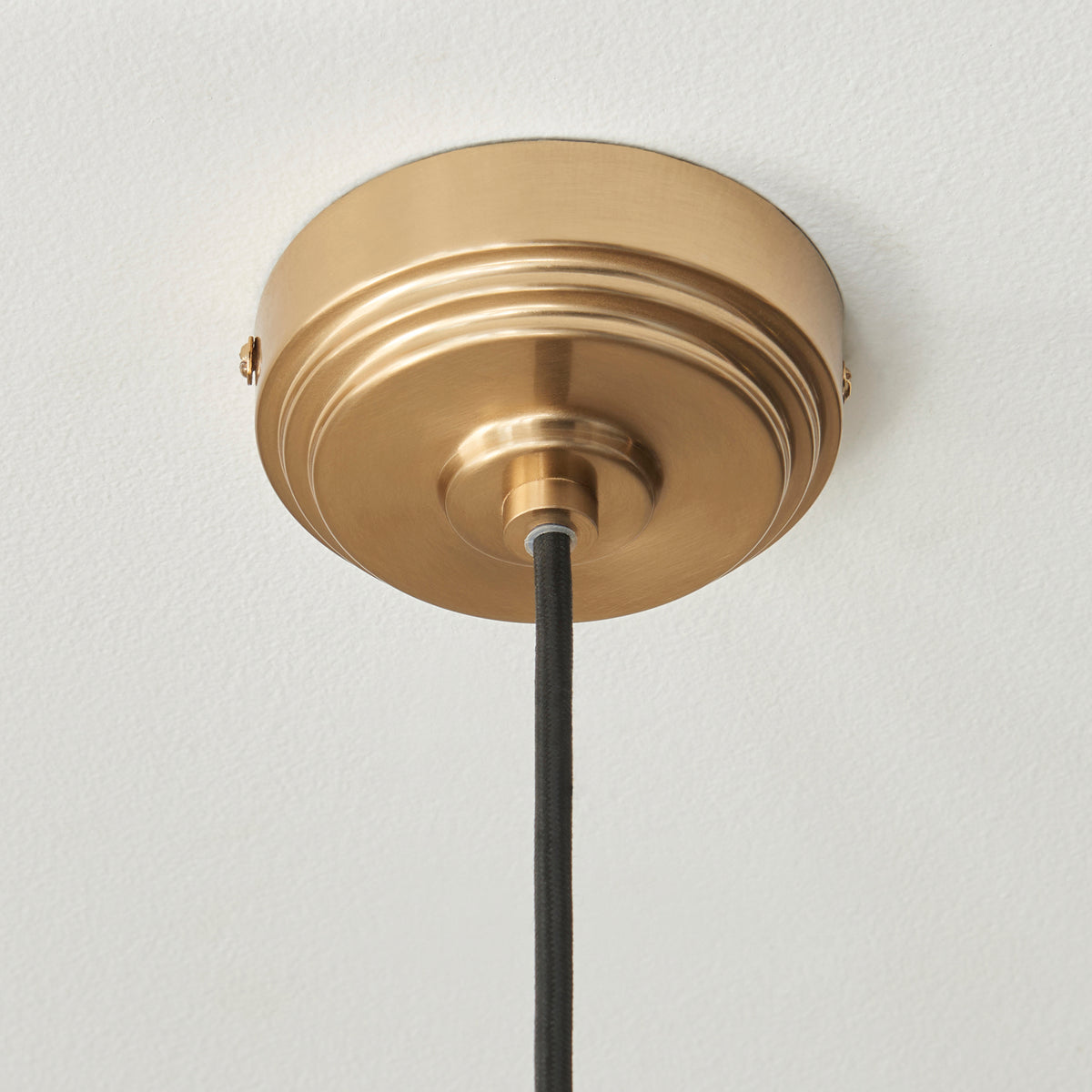 Camellia & Eltham Pendant with Black Fabric Flex and Brushed Aged Brass Metalwork