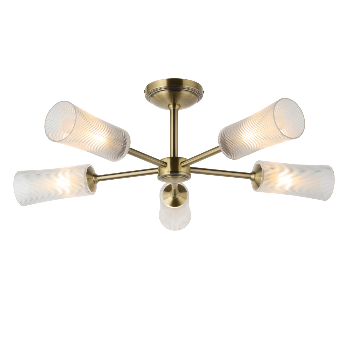 Avelyn Five Arm Semi Flush Ceiling Light in Antique Brass & Frosted Glass Diffusers