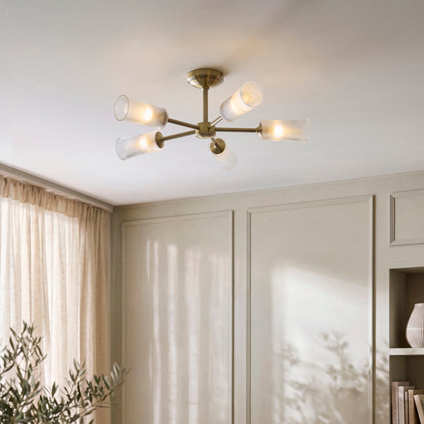 Avelyn Five Arm Semi Flush Ceiling Light in Antique Brass & Frosted Glass Diffusers