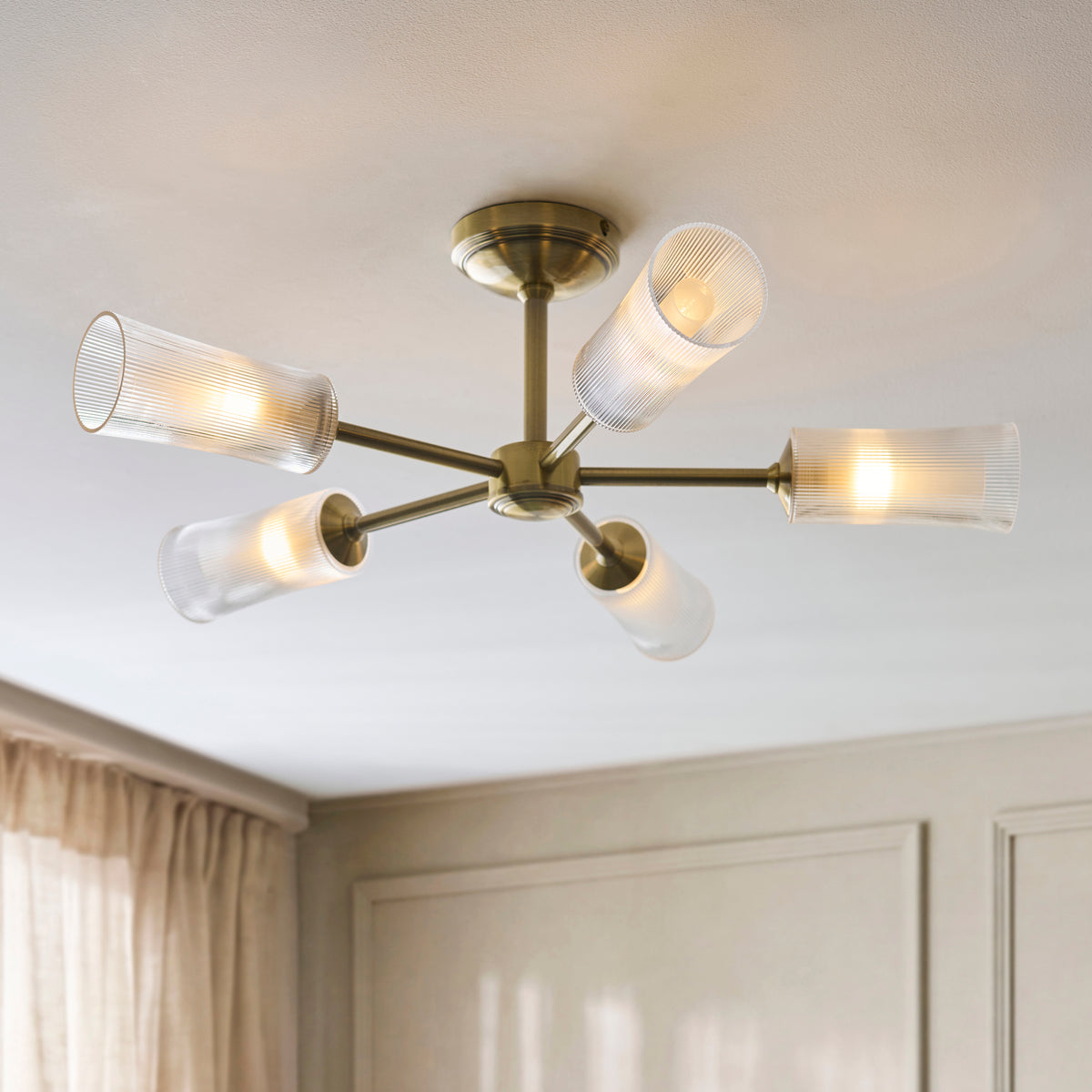 Avelyn Five Arm Semi Flush Ceiling Light in Antique Brass & Frosted Glass Diffusers