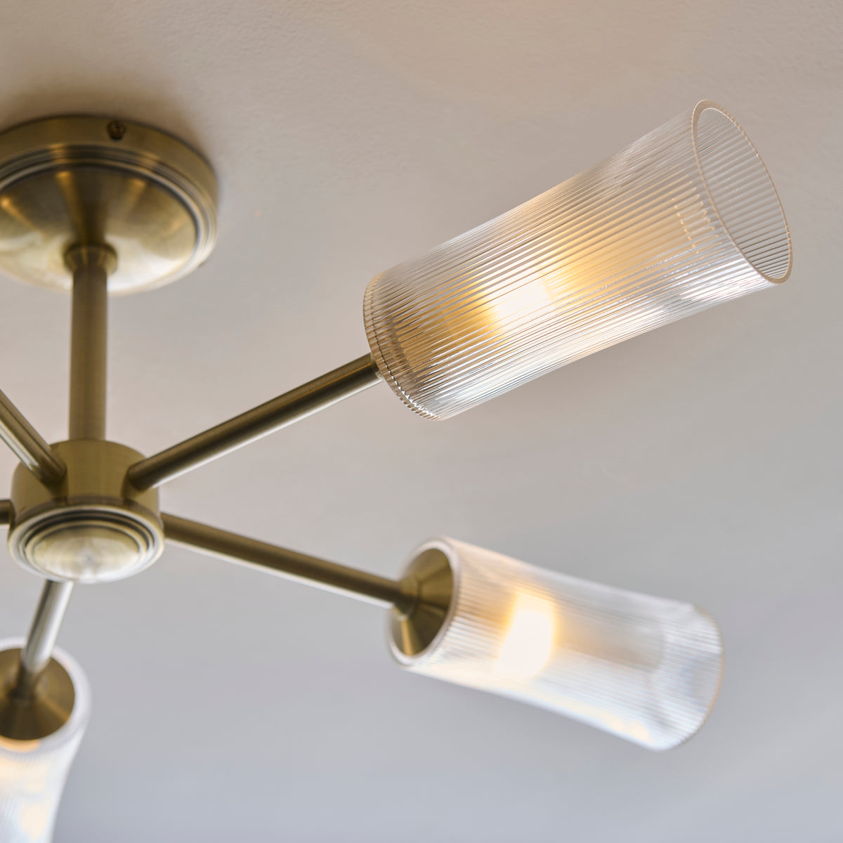 Avelyn Five Arm Semi Flush Ceiling Light in Antique Brass & Frosted Glass Diffusers