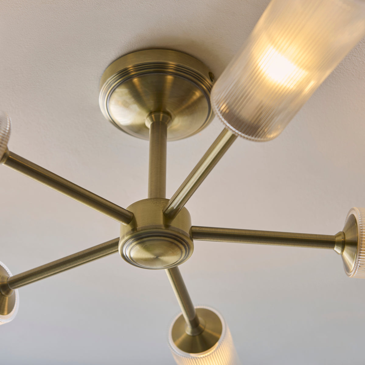 Avelyn Five Arm Semi Flush Ceiling Light in Antique Brass & Frosted Glass Diffusers