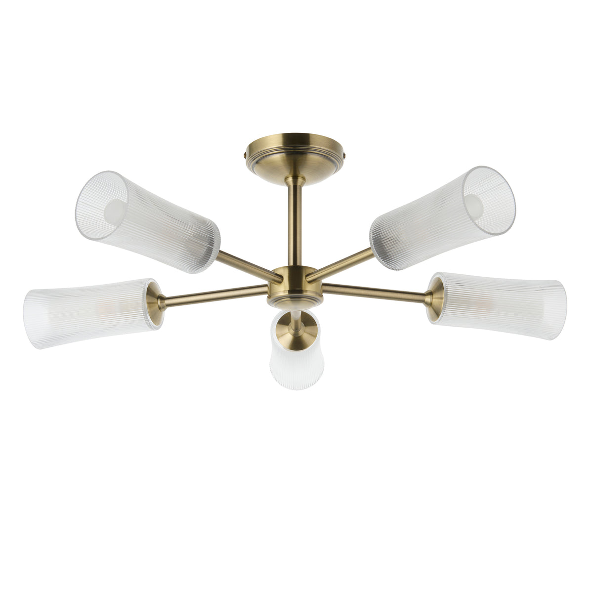 Avelyn Five Arm Semi Flush Ceiling Light in Antique Brass & Frosted Glass Diffusers