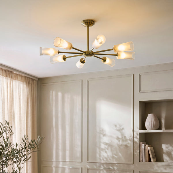 Avelyn Eight Arm Pendant in Antique Brass & Frosted Glass Diffusers