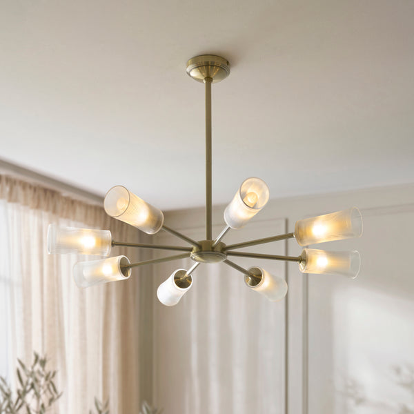Avelyn Eight Arm Pendant in Antique Brass & Frosted Glass Diffusers