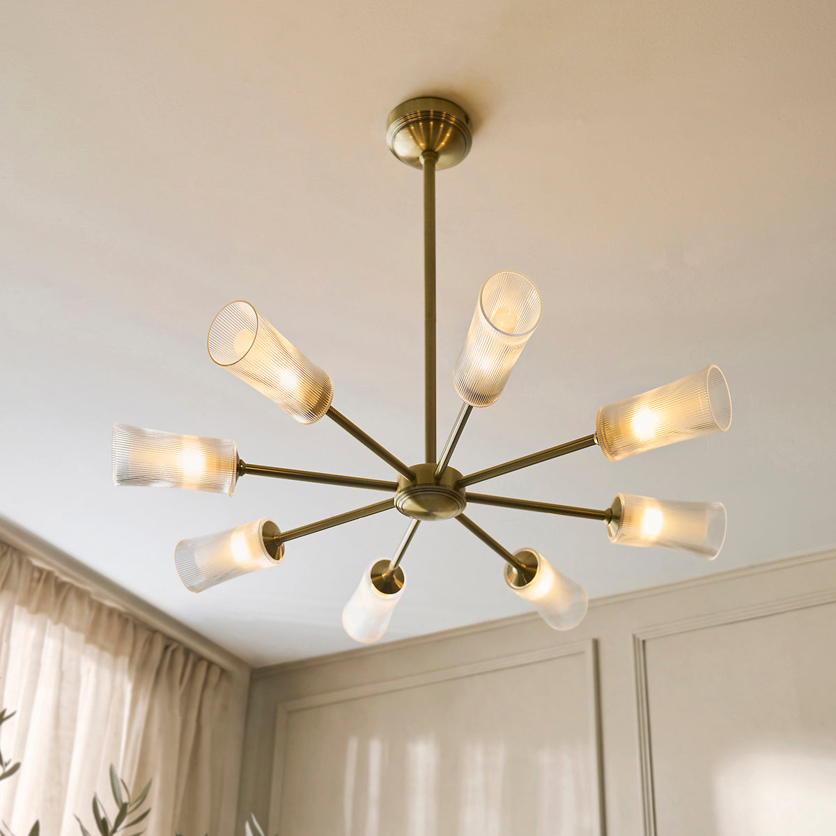 Avelyn Eight Arm Pendant in Antique Brass & Frosted Glass Diffusers