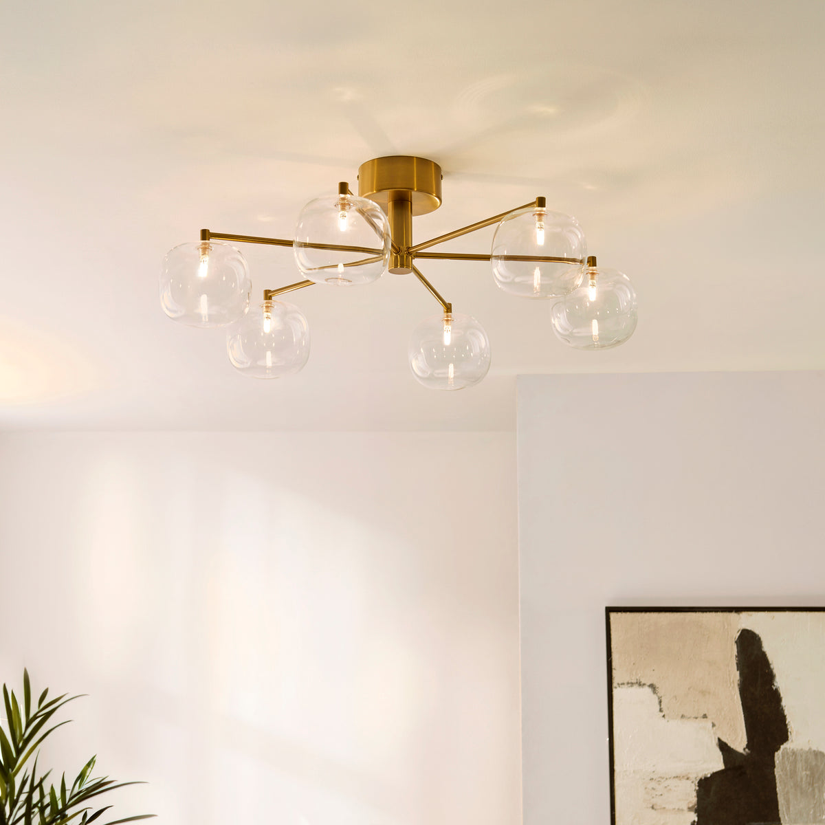Oslo Six Arm Semi Flush Ceiling Light in Brushed Aged Brass with Clear Glass Shades