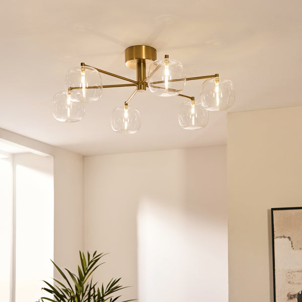 Oslo Six Arm Semi Flush Ceiling Light in Brushed Aged Brass with Clear Glass Shades