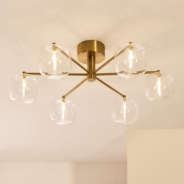 Oslo Six Arm Semi Flush Ceiling Light in Brushed Aged Brass with Clear Glass Shades