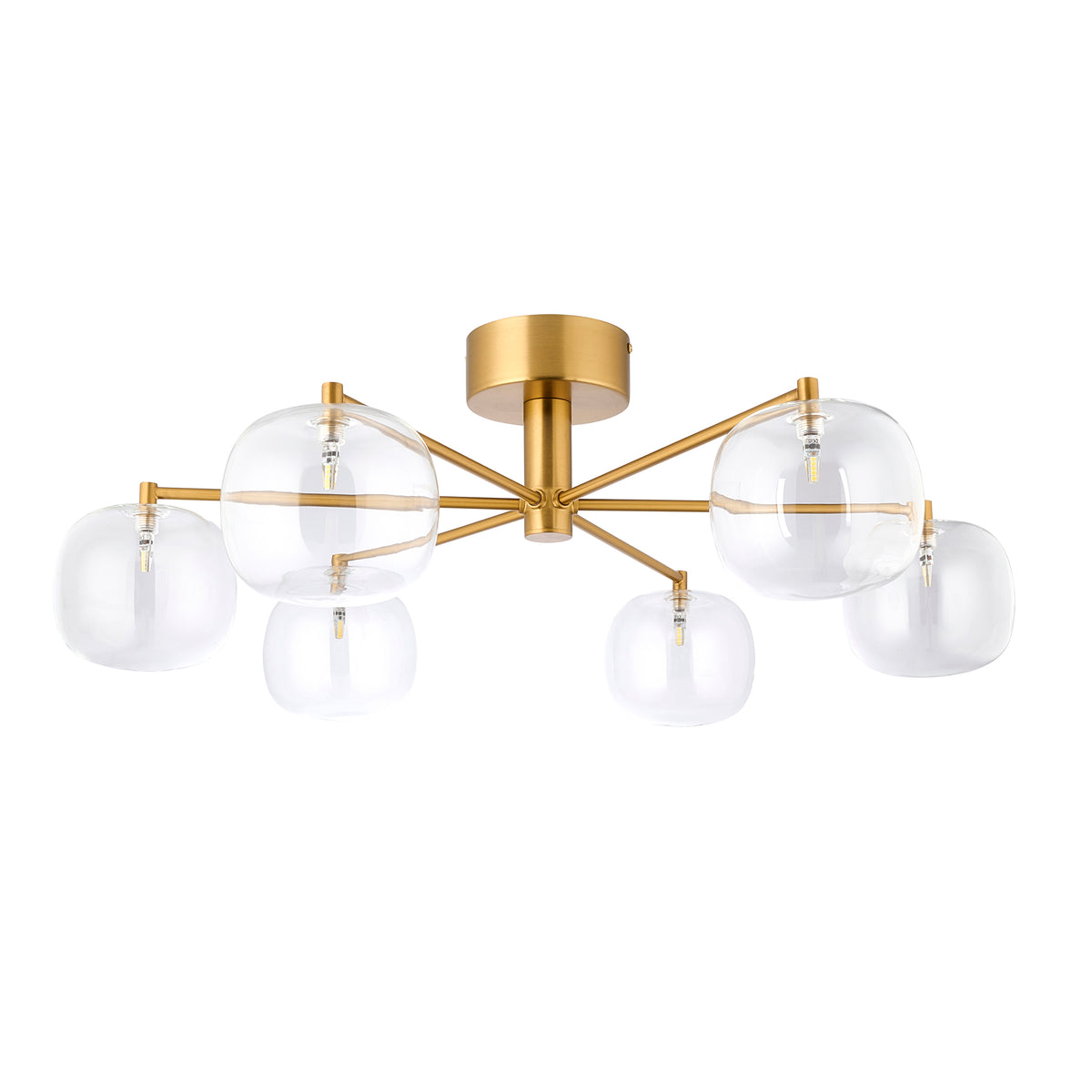 Oslo Six Arm Semi Flush Ceiling Light in Brushed Aged Brass with Clear Glass Shades