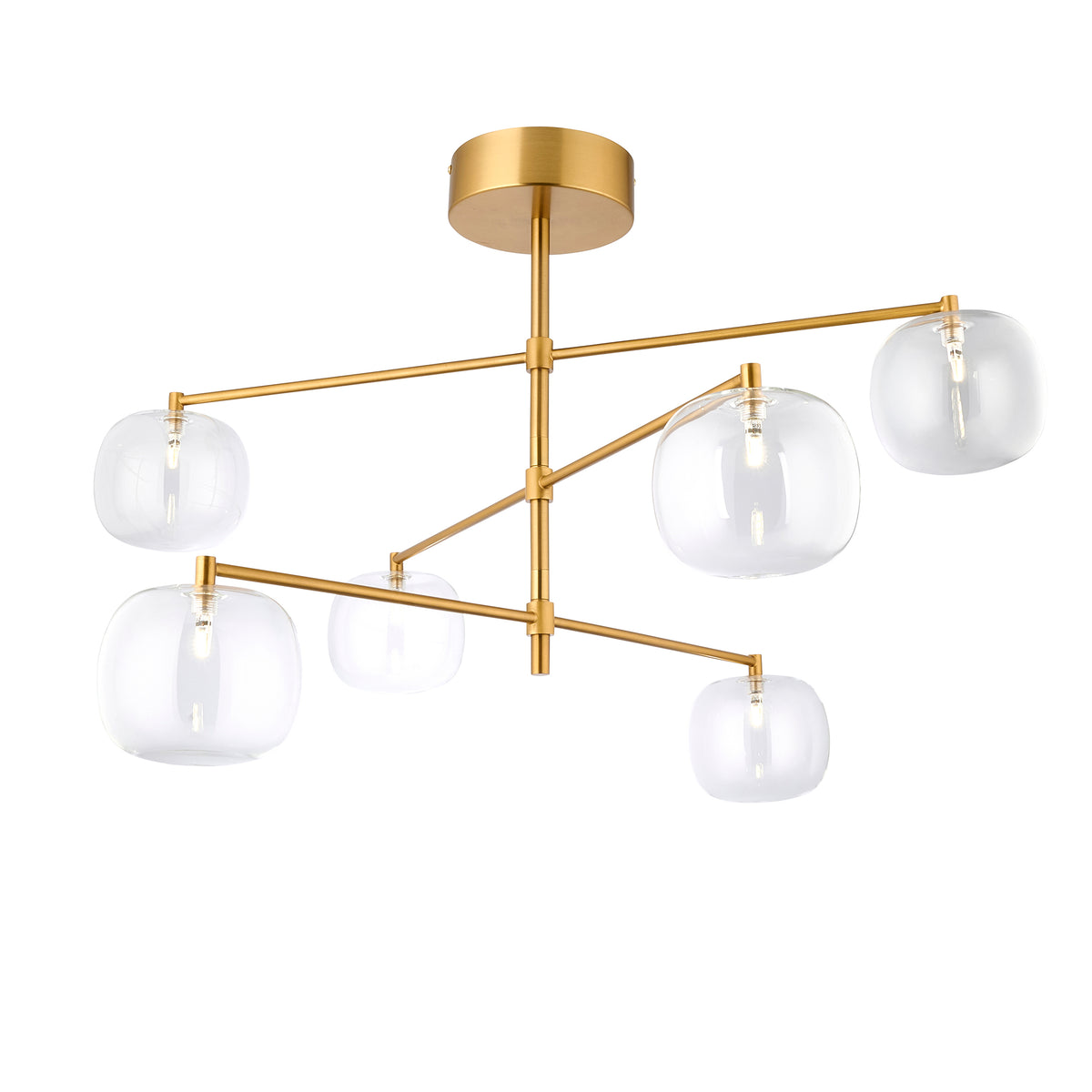 Oslo Six Light Pendant in Brushed Aged Brass with Clear Glass Shades
